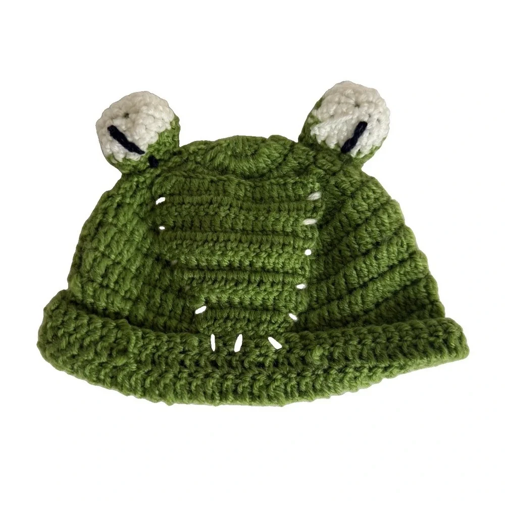 Handmade Crochet Frog Beanie Hat Green 3D Eyes Kawaii Costume Photo Prop
